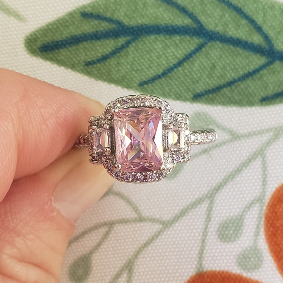 FAIRY TALE 925 BRILLIANT EMERALD-CUT 1.83CT PINK & WHITE TOPAZ QUARTZ RING - Picture 4 of 11